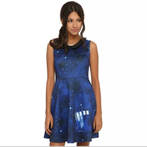Dr. Who Galaxy Tardis Dress A Line Sleeveless Peter Pan Collar Blue Sz S - Picture 7 of 7